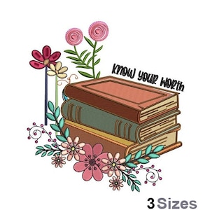 May include: A stack of three books with a floral design and the text "Know Your Worth". The books are brown, green, and blue with a floral design. The flowers are pink, red, and white.
