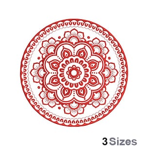 May include: Red and white mandala design with intricate details. The mandala is circular and has a symmetrical pattern.