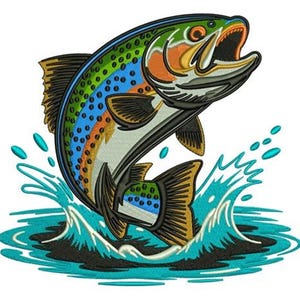 May include: A colorful embroidered design of a rainbow trout leaping out of water. The fish features a green back, orange and blue markings, and a detailed open mouth. Turquoise water splashes surround the fish, with a dark blue base.