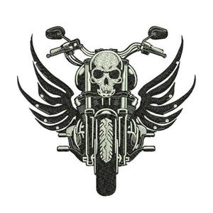 Könnte beinhalten: Schwarz-weiße Illustration eines Motorrads mit einem Totenkopf als Scheinwerfer und stilisierten Flügeln. Das Motorrad ist detailliert dargestellt, mit Lenker, Spiegeln und einem sichtbaren Vorderrad.