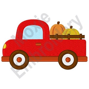 Pumpkin Truck - Machine Embroidery Design, Pumpkin Harvest Embroidery Pattern, Red Pickup Truck Embroidery Design