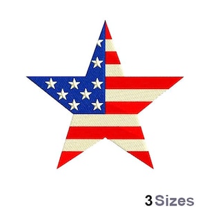 Può includere: Un design a forma di stella rosso, bianco e blu con il motivo della bandiera americana. La stella è piena di stelle bianche su uno sfondo blu e strisce rosse e bianche.