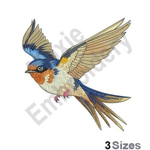 May include: Embroidered design of a blue, yellow, and orange swallow in flight. The swallow has a long tail and is flying with its wings spread wide. The design is perfect for embroidery projects.