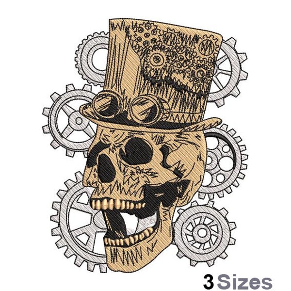 Steampunk Skull - Machine Embroidery Design - 3 Sizes, Steampunk Gears And Cogs Embroidery Pattern, Steampunk Hat Embroidery Design