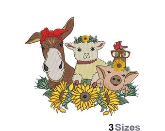 Sonnenblumen & Tiere - Maschinenstickerei Design - 3 Größen, Pferd, Schwein, Schaf und Huhn Stickmuster, Happy Animal Friends Design