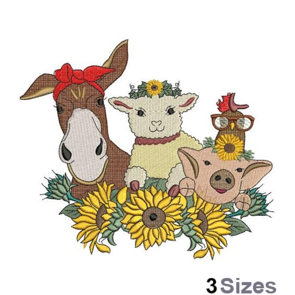 Sunflowers & Animals - Machine Embroidery Design - 3 Sizes, Horse, Pig, Sheep And Chicken Embroidery Pattern, Happy Animal Friends Design