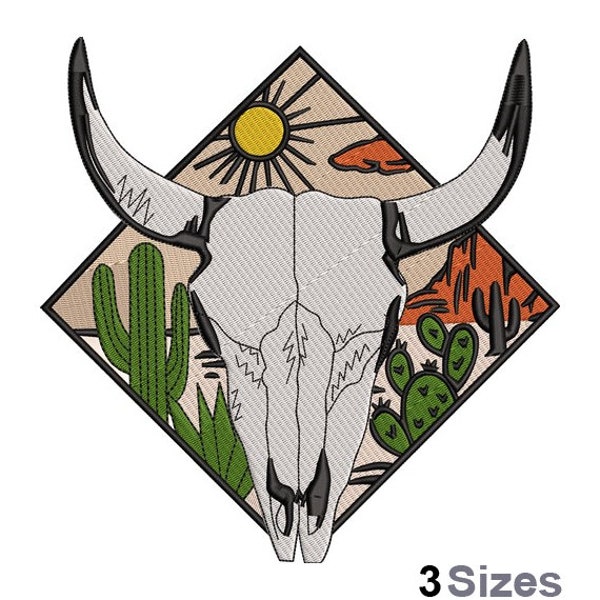 Cow Skull Diamond - Machine Embroidery Design - 3 Sizes, Cow Head Embroidery Design, Southwest Scene Embroidery Pattern