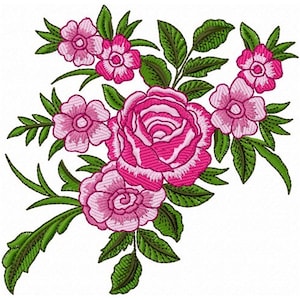 Puede incluir: Un diseño de bordado floral rosa y verde con una rosa grande con flores más pequeñas y hojas.