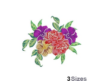 Diseño de bordado a máquina con flores en flor, 3 tamaños, patrón de bordado de flores de colores, diseño de bordado floral