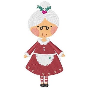 Puede incluir: Una ilustración de dibujos animados de una mujer vestida como la Sra. Claus. Lleva un vestido rojo con un delantal blanco, medias blancas con rayas rojas y zapatos negros. Tiene el pelo blanco, la nariz roja y lleva gafas. Lleva una rama de acebo en el pelo.