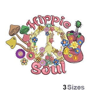 May include: Embroidered design featuring a peace sign with flowers, mushrooms, and a guitar. The text "Hippie Soul" is written in a colorful, stylized font.