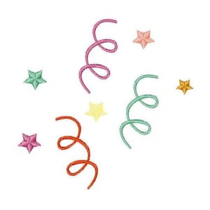 May include: A digital illustration of colorful confetti with stars in pink, green, yellow, and orange.