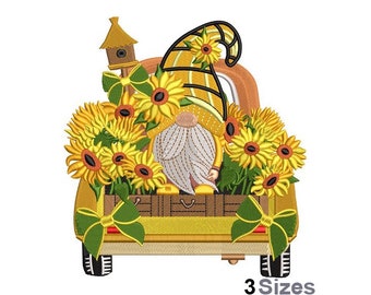 Fall Gnome Sunflowers Pickup Truck - Machine Embroidery Design - 3 Sizes, Autumn Sunflowers Harvest Embroidery Pattern, Pickup Truck Gnome