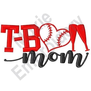 May include: Red and black embroidery design with the text "T-Ball Mom" and a baseball in a heart shape with two baseball bats.
