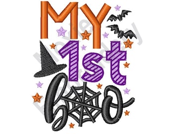 My 1st Boo - Machine Embroidery Design, Baby Halloween Embroidery Pattern, Witch Hat Embroidery Design, Halloween Bats & Spider Web Design