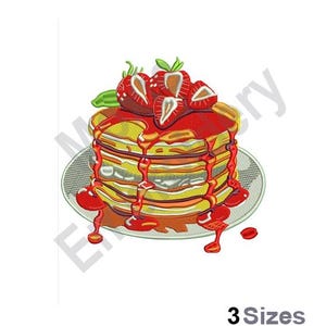 May include: A stack of pancakes topped with strawberry slices and red syrup on a white plate.