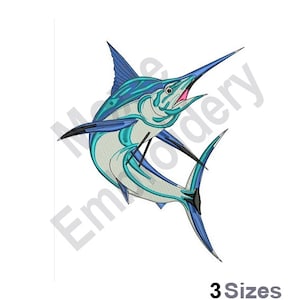 May include: A blue and white marlin fish with a black tail fin, leaping out of the water. The marlin has a long, sharp bill and a large, open mouth.