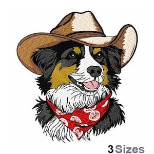 May include: Embroidered image of a dog wearing a brown cowboy hat and a red bandana with a white pattern. The dog has black, white, and tan fur. The text "3 Sizes" is at the bottom of the image.