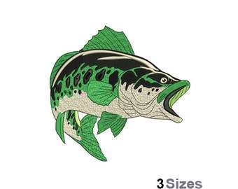 Pez - Diseño de bordado a máquina - 3 tamaños, patrón de bordado de lubina negra verde, diseño de bordado de pez de agua dulce