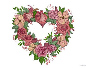 Roses & Leaves Wreath - Machine Embroidery Design - 3 Sizes, Heart Wreath Embroidery Pattern, Wedding Flowers Embroidery, Floral Design