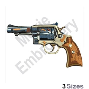 May include: A detailed embroidery design of a revolver with a brown wooden handle and a silver barrel. The design is perfect for creating custom apparel, home decor, or other crafts.