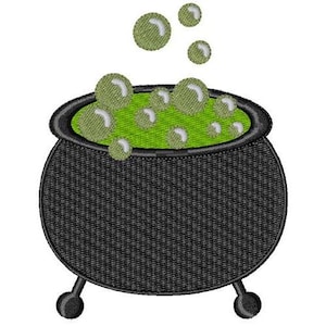 May include: A black cauldron with green bubbling liquid and white bubbles rising from the top.