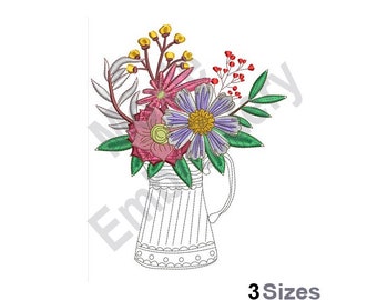 Floral Bouquet In Vase - Machine Embroidery Design - 3 Sizes, Rustic Flower Vase Embroidery Pattern, Wildflowers Arrangement Embroidery