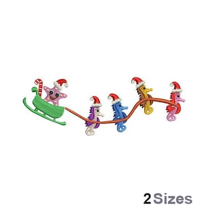 May include: An embroidered design of a pink starfish wearing a Santa hat riding in a green sleigh pulled by four seahorses wearing Santa hats. The seahorses are purple, blue, yellow, and pink.