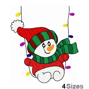 May include: A snowman wearing a red and green hat and scarf is swinging from a string of colorful lights.