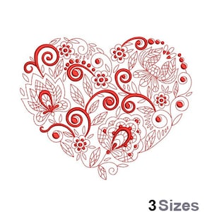 Puede incluir: Diseño de corazón bordado en rojo con motivos florales y de mariposas. El diseño es intrincado y detallado, con espirales y hojas.