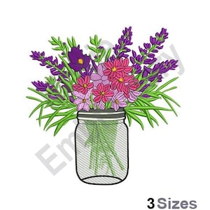 Flowers In Mason Jar - Machine Embroidery Design - 3 Sizes, Floral Arrangement Embroidery Design, Purple Flowers Embroidery Pattern