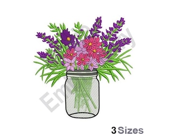 Flowers In Mason Jar - Machine Embroidery Design - 3 Sizes, Floral Arrangement Embroidery Design, Purple Flowers Embroidery Pattern