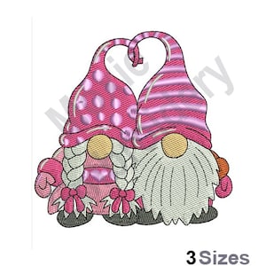 May include: Two pink gnomes with white beards, wearing pink hats with white polka dots and stripes, stand together with their hats forming a heart shape.