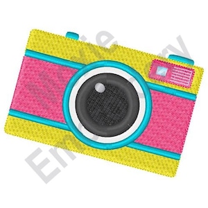 May include: A yellow and pink camera with a blue lens and a black lens. The camera has a blue and yellow stripe across the top and bottom.