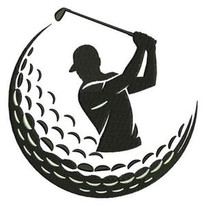 May include: Black silhouette of a golfer swinging a club, set within a golf ball design. The golf ball is detailed with dimples, and the golfer is wearing a cap. The image is on a white background.