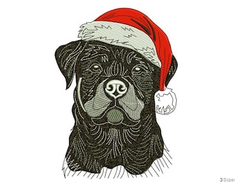 以下が含まれることがあります： 赤と白のサンタ帽子をかぶった黒い犬の刺繍画像。犬の顔は白とグレーのステッチで詳細に描かれており、帽子には白いトリムとポンポンが付いています。画像は白い背景にあります。