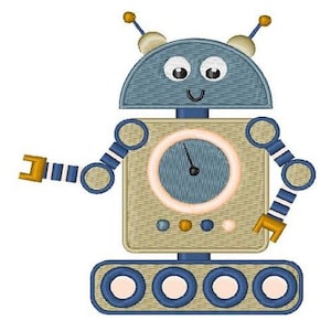 May include: A blue and beige robot with a round head, two antennas, and a circular face with two eyes and a smiling mouth. The robot has two arms with round joints and a rectangular body with a circular window and a row of buttons. The robot is on a set of wheels.