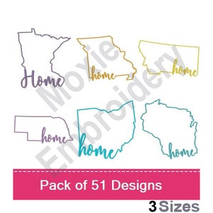 51 USA Home States - Machine Embroidery Designs, American States Pattern, US States Map Outline Embroidery Designs