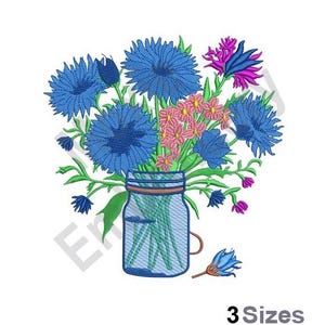 Blue Floral Bouquet - Machine Embroidery Design - 3 Sizes, Blue Flowers In Vase Embroidery Pattern, Mason Jar Flowers Embroidery Design