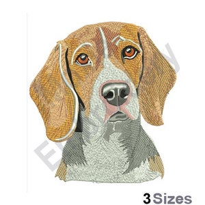 May include: Embroidered design of a Beagle dog's head. The dog has brown and white fur, with a pink nose and brown eyes. The design is perfect for a dog lover's project.
