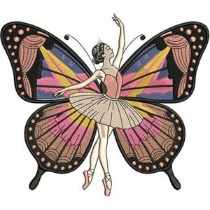 May include: Embroidered design of a ballerina with butterfly wings. The wings are in shades of pink, yellow, and blue, with a black border. The ballerina wears a pink bodice and a white tutu. The design is on a white background.