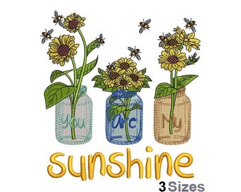 You Are My Sunshine - Machine Embroidery Design - 3 Sizes, Floral Mason Jars Embroidery Pattern, Sunflowers & Bees Embroidery Design