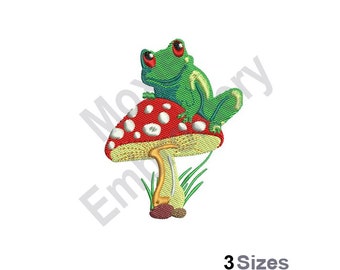 Mushroom Toad - Machine Embroidery Design, Frog On Toadstool Embroidery Pattern, Green Frog Embroidery Design, Red Toadstool Embroidery