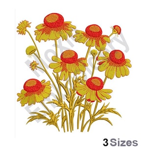 May include: Embroidered design of a bouquet of yellow and red flowers with green stems and leaves. The flowers have a red center and yellow petals. The design is perfect for embroidery projects.