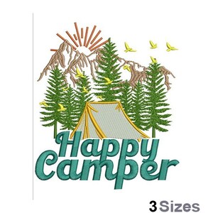 May include: Embroidered design featuring a tent, mountains, trees, and birds with the text "Happy Camper" in teal blue lettering.
