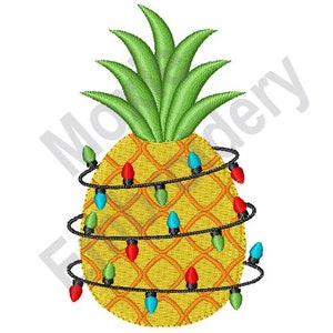 May include: A yellow pineapple with green leaves is decorated with a string of colorful Christmas lights. The lights are red, green, blue, and yellow.
