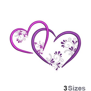Könnte beinhalten: Zwei ineinander verschlungene Herzen mit einem lila und rosa Farbverlauf, verziert mit einem weißen floralen Design.