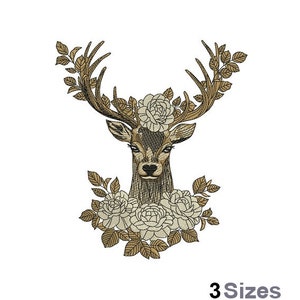 Roses Deer - Machine Embroidery Design - 3 Sizes, Deer Head Bust Embroidery Pattern, Roses And Tree Leaves Embroidery Design