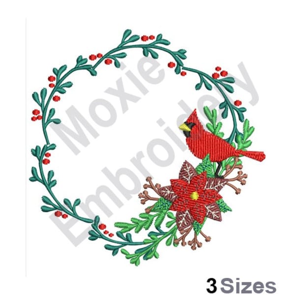 Christmas Wreath - Machine Embroidery Design, Christmas Cardinal Embroidery Pattern, Xmas Poinsettia Wreath Design, Red Berries Wreath