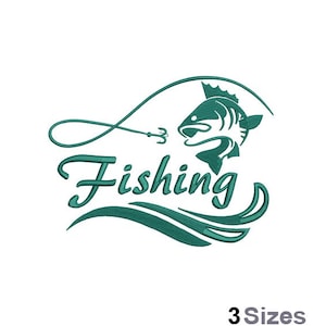 Könnte beinhalten: Stickerei in Tealblau mit einem Fisch mit Haken und Schnur, mit dem Wort "Angeln" in einer stilisierten Schrift.